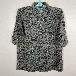 Vintage Rusty Shirt Mens Large Gray Rayon Button Up Hawaiian Abstract Beach Surf